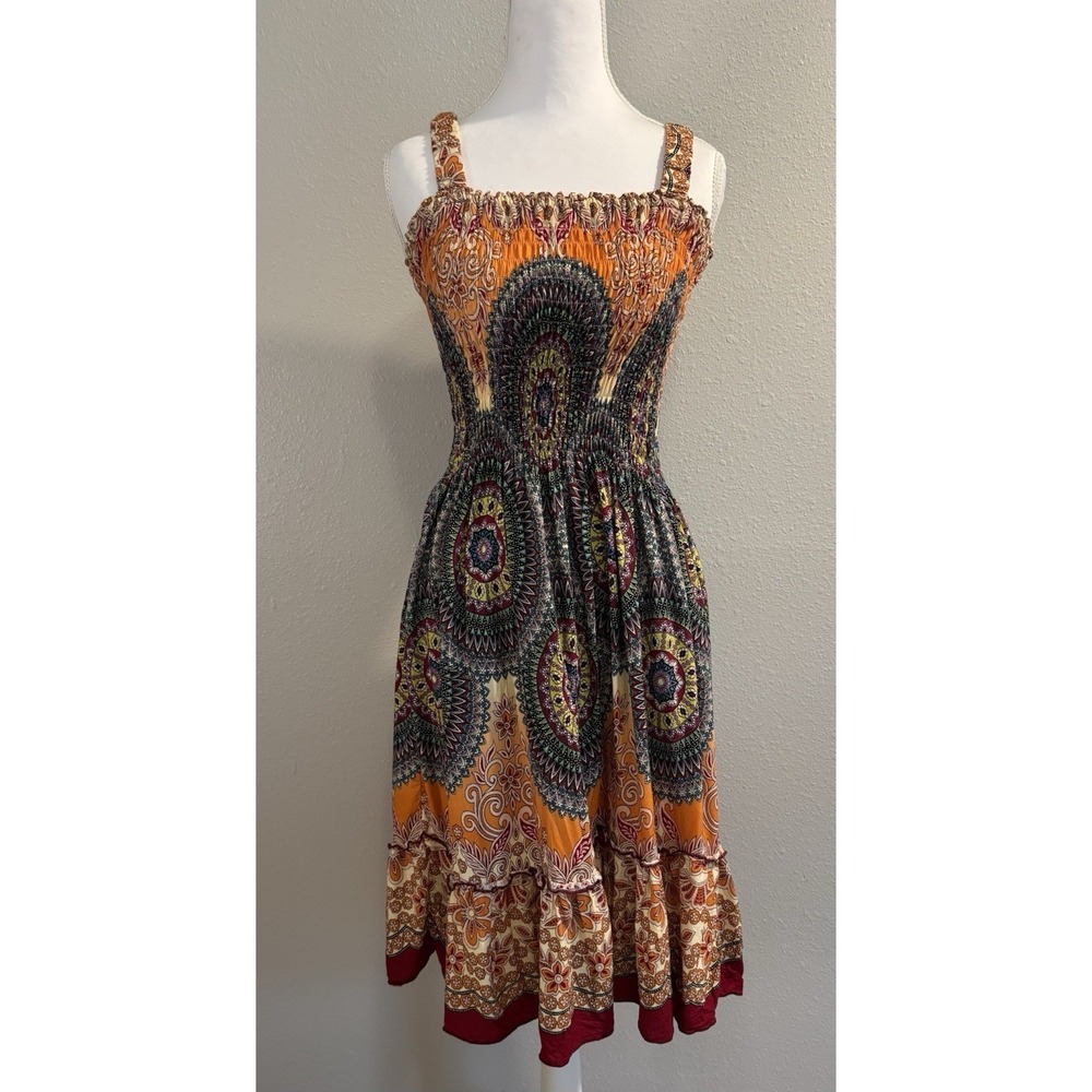 Boho Whimsigoth Smocked Rayon Mandala Medallion Tiered Sundress Hippie Festival